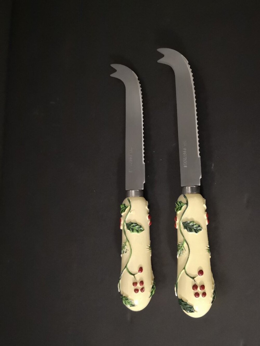 2 - Festive Holiday Cheese Knives Stainless Steel Blades w/ Ceramic Handles